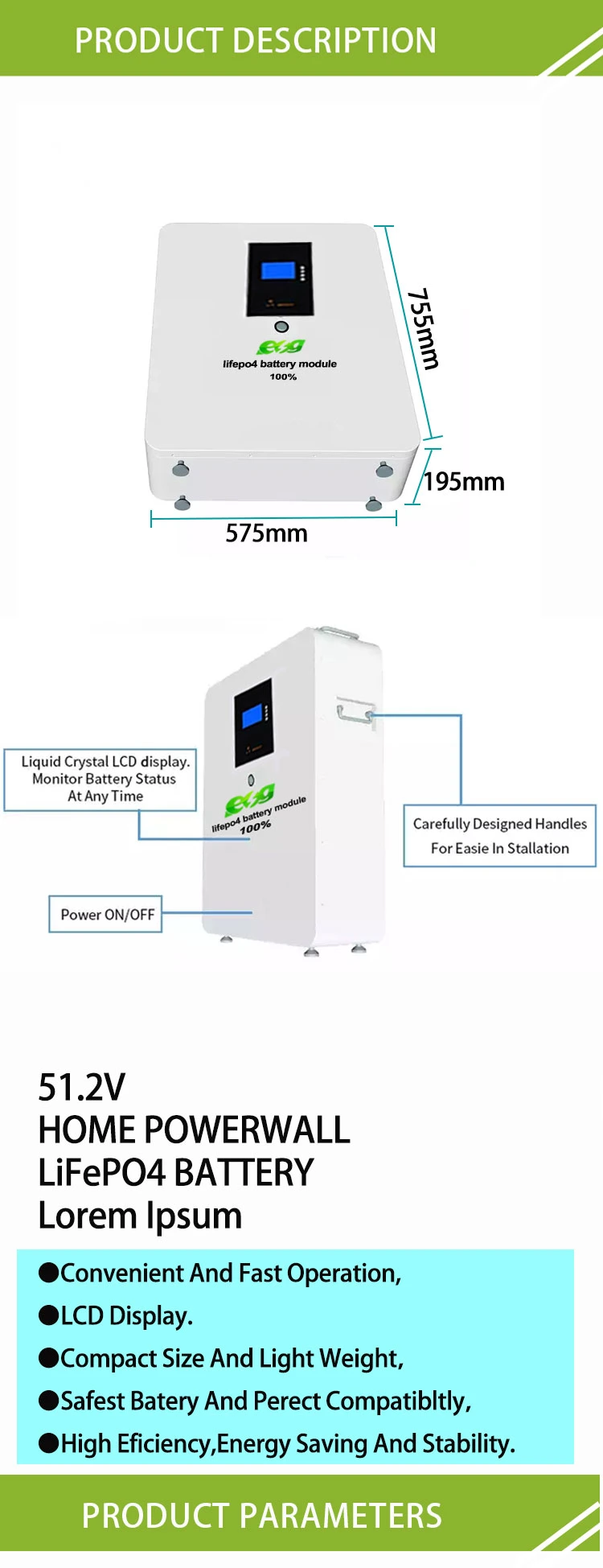 Esg Lithium Ion LiFePO4 Battery Pack Wall Mounted 51.2V 200ah Solar Battery 10kwh Home Power Storage Ion Battery